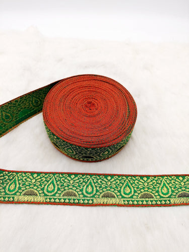Jacquard Saree Border, Green And Gold Woven Thread Work Trim, Jacquard Trimming Decorative Trim